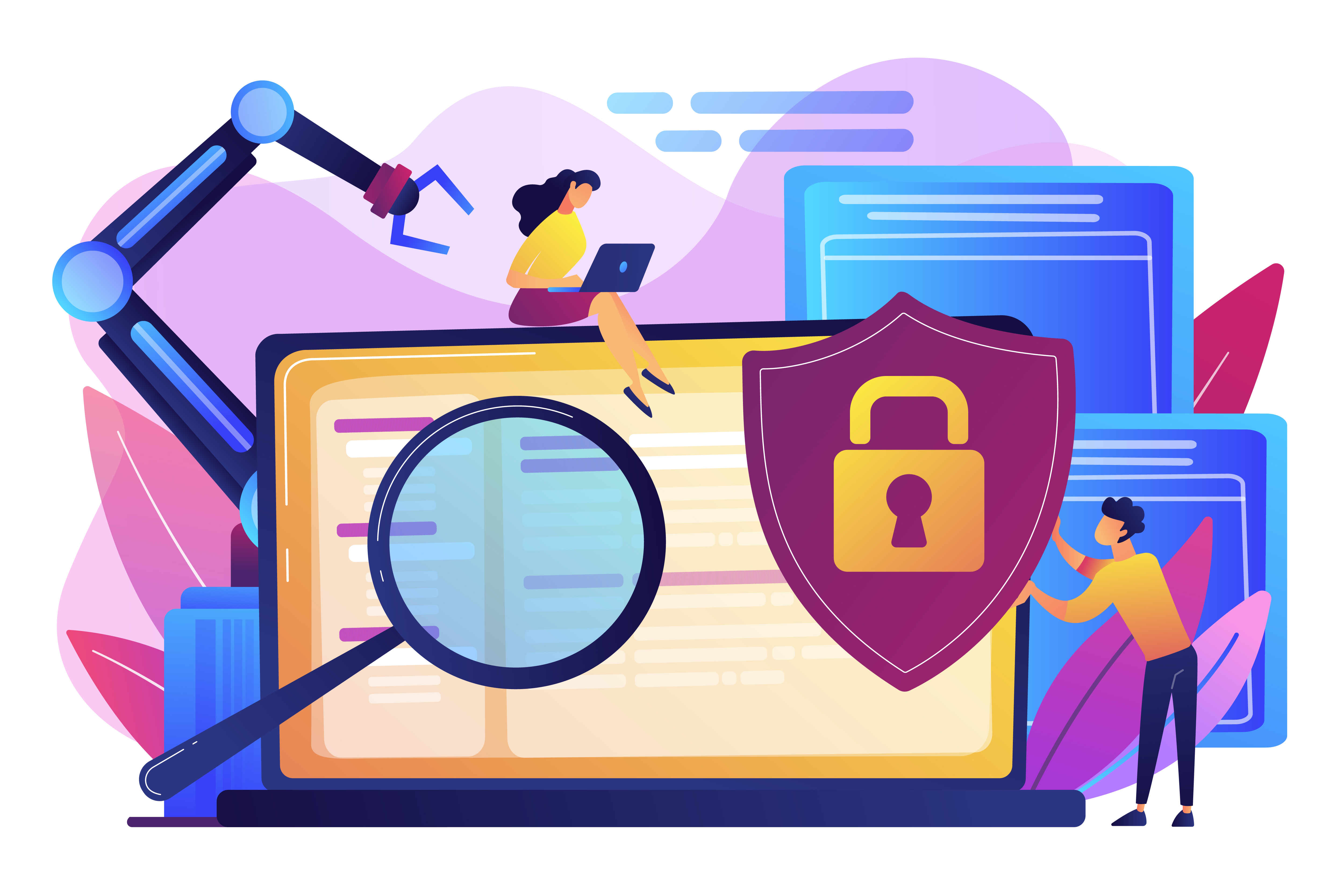 Ilustração de computador com elementos de pesquisa e emblema de segurança Ilustração de notebook com símbolos de pesquisa e brasão de segurança