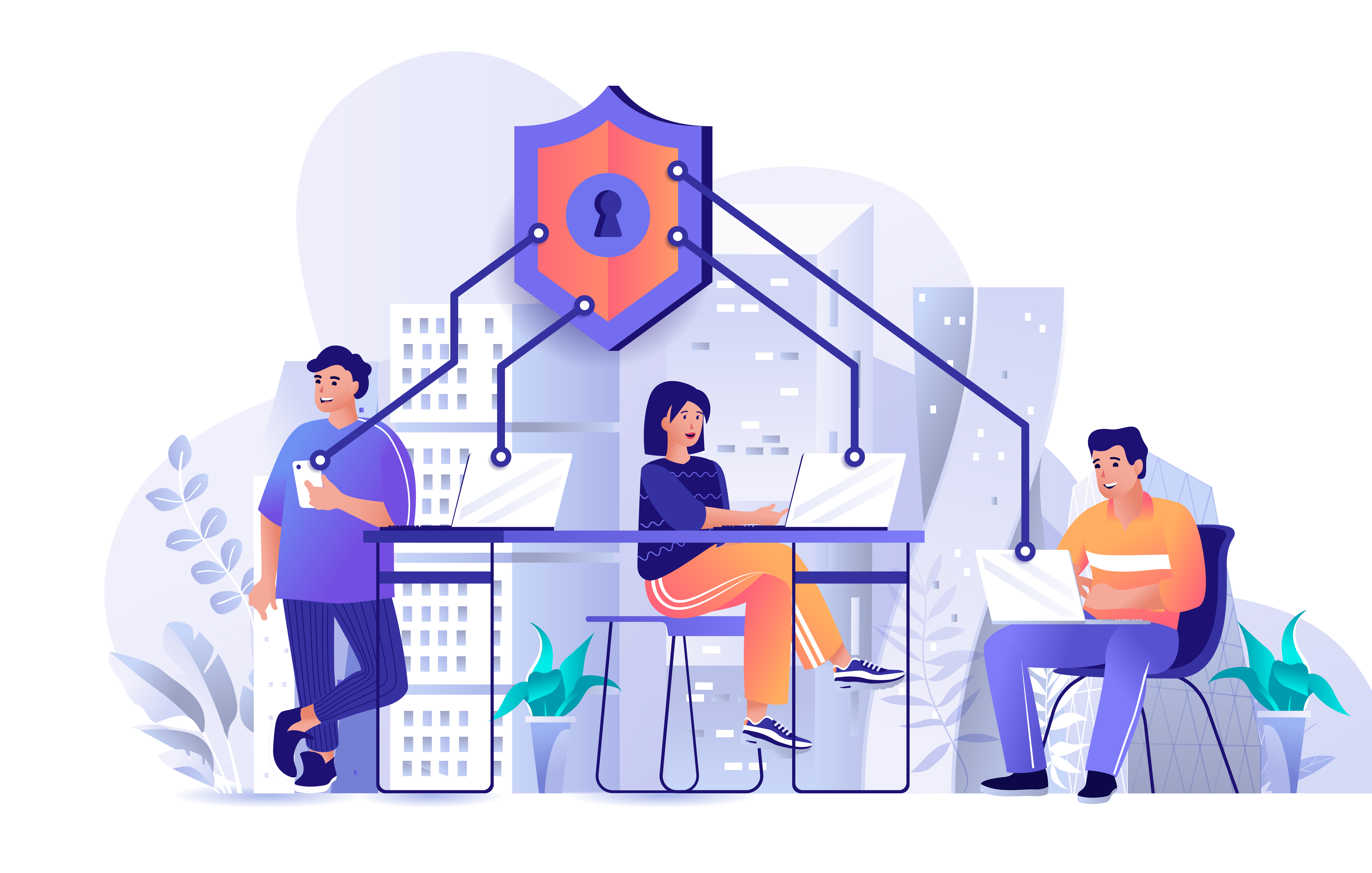Representação gráfica de três indivíduos usando aparelhos eletrônicos com um brasão conectando-os Ilustração de três pessoas usando dispositivos eletrônicos com brasão de conexão