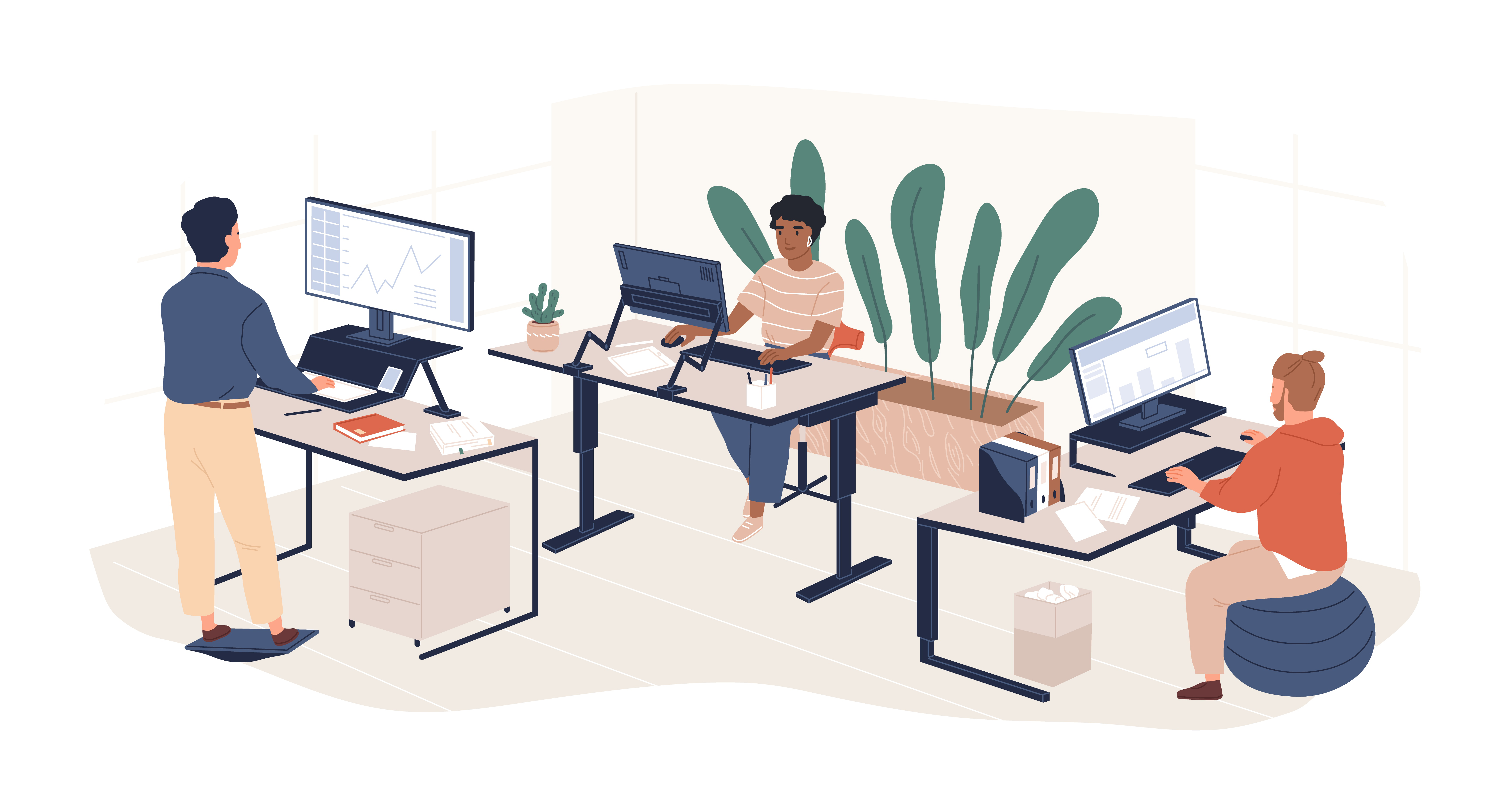 Cena de escritório com três pessoas trabalhando em computadores em formato de desenho Ilustração de três pessoas usando computadores em um escritório