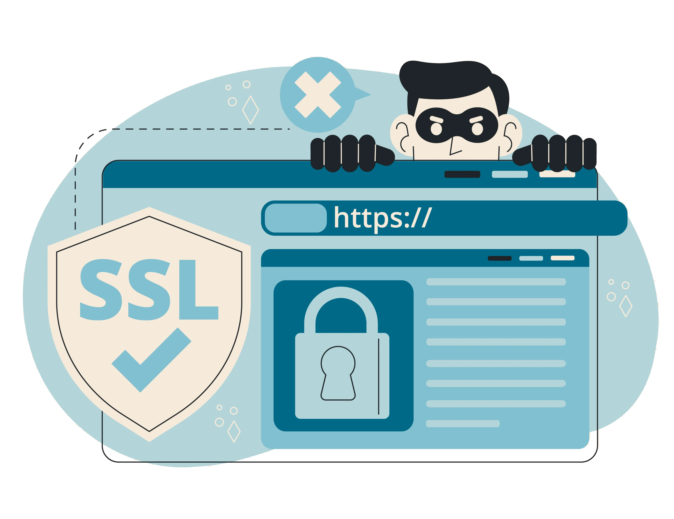 Cena de escritório com três pessoas trabalhando em computadores em formato de desenho Imagem estilo animado contendo informações sobre protocolo de SSL e proteção web