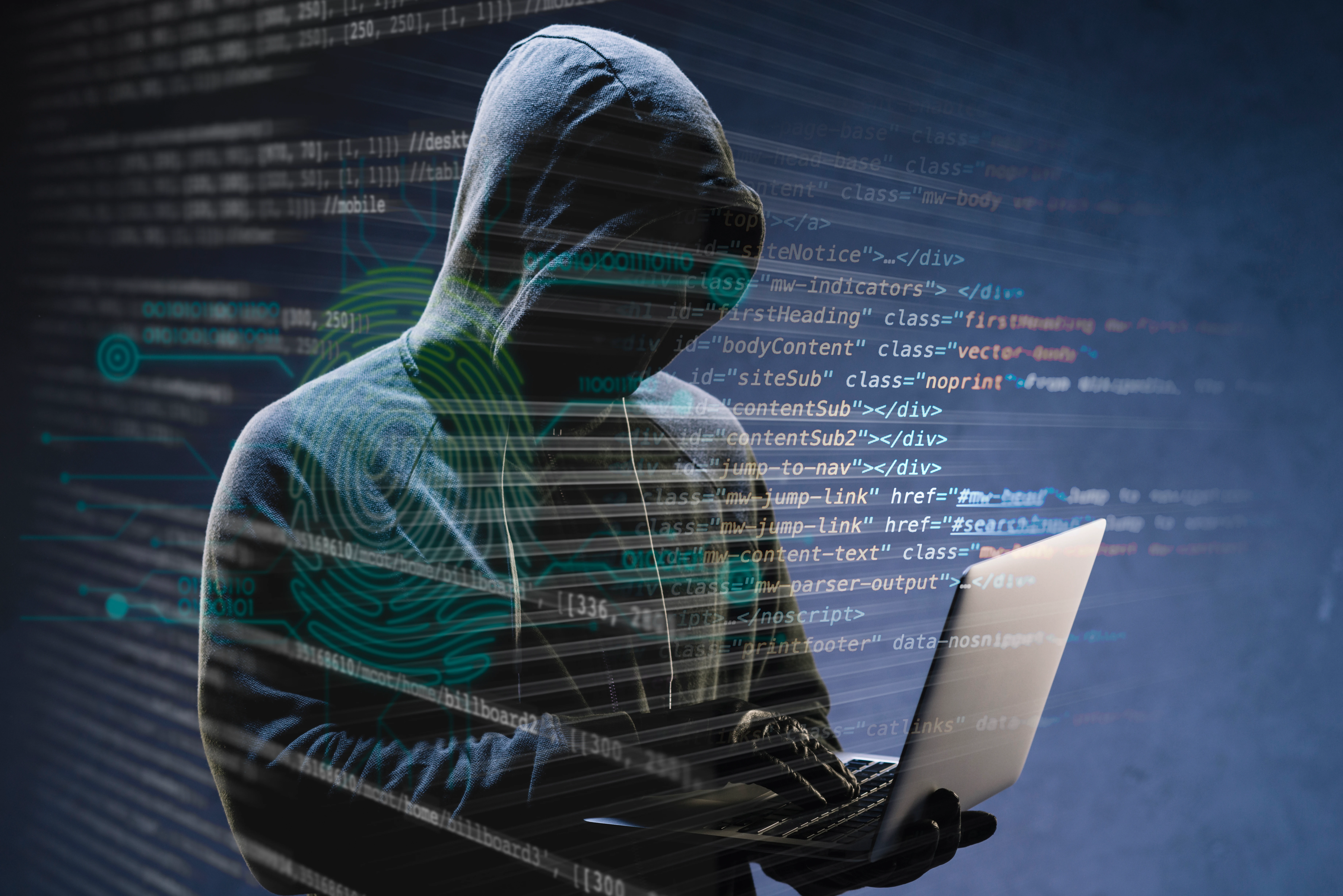 Pessoa Vestida de Hacker Digitando em um Notebook com Linhas de Código Aparecendo pela Tela
